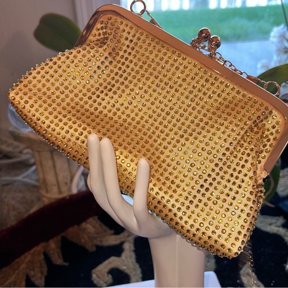 Gold Rhinestone Kiss Closure Bag Purse Shoulder Evening Bag Gold Tone Hardware - Picture 1 of 16
